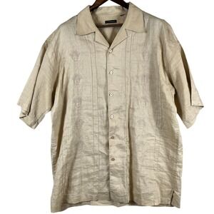 Godbody Mens XL Linen Button Front Shirt Short Sleeve Embroidered Tan Resort
